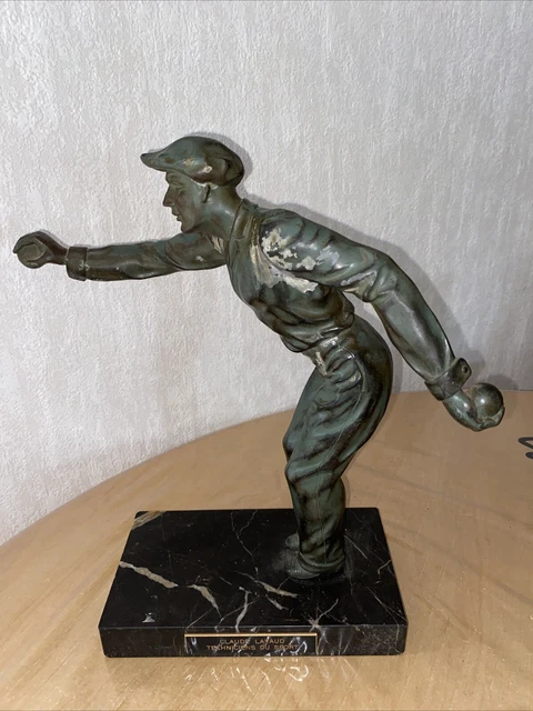 Trophée Pétanque Sur Socle Marbre - Statuette Argentée - Hauteur 12,5 Cm