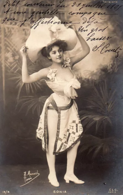 BE517 Carte Photo vintage card RPPC Femme woman Sonia pin-up robe chapeau ballet