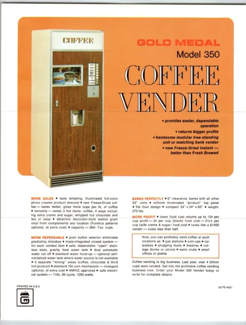 Gold Medal Model 350 Coffee Vending Machine Flyer Hot Beverage Vendor 8.5" x 11"