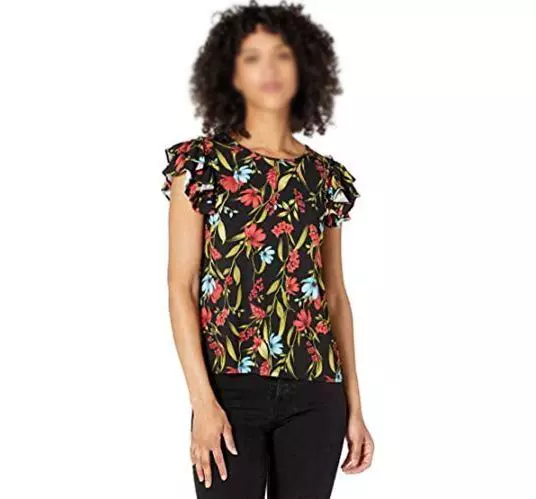 CeCe Womens Top Garden Floral Flutter Sleeve Crepe Blouse Size L Brand New