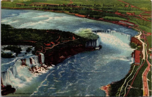 Postcard Aerial View of Niagara Falls Linen Unposted