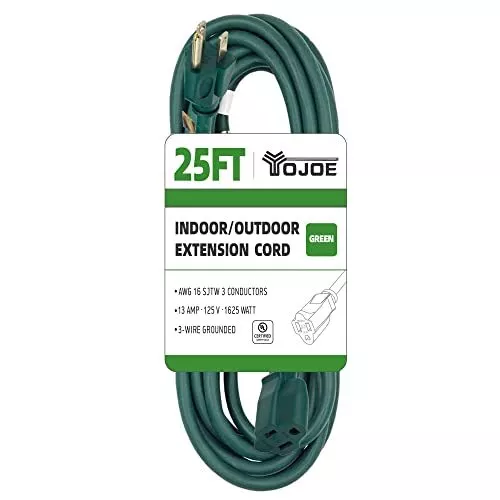 25 Foot Green Outdoor Extension Cord - 16/3 SJTW Waterproof Extension Cable w...