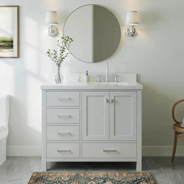 Ariel Bath Vanity 43" Fully Extendable Drawers Wood Indoor White W/ Vanity Top