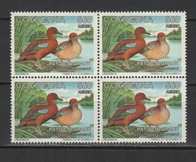 Colombie 1994 oiseaux La Sarcelle cannelle bloc de 4 timbres neufs MNH /TR8361