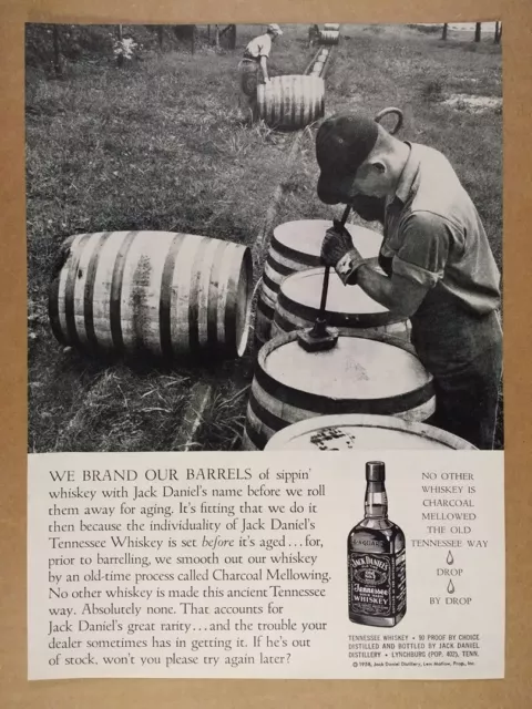 1958 Jack Daniel's Whiskey worker branding barrels photo vintage print Ad