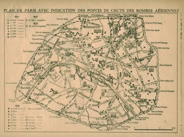 Document ancien double page plan de Paris bombes aériennes 1919 issu de magazine