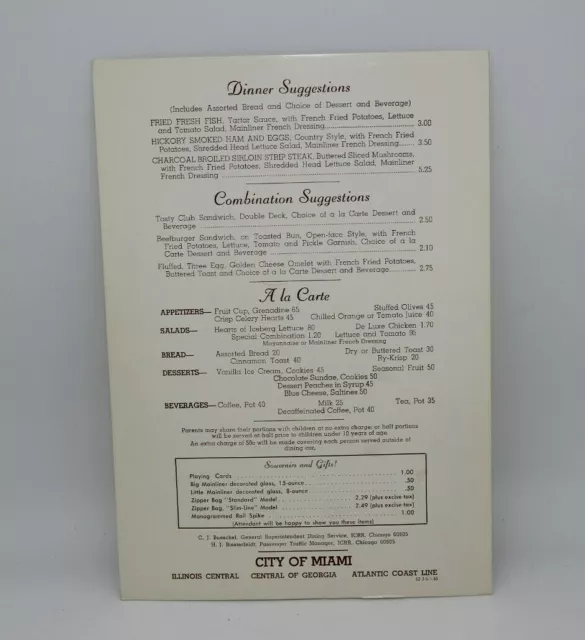 Illinois Central Railroad Single Sheet Dinner Menu 5-1-65