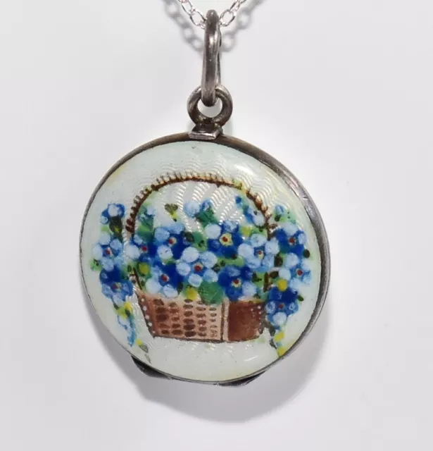 LOVELY Antique FORGET-ME-NOT Sterling ENAMEL GUILLOCHE Locket Necklace Dbl Sided