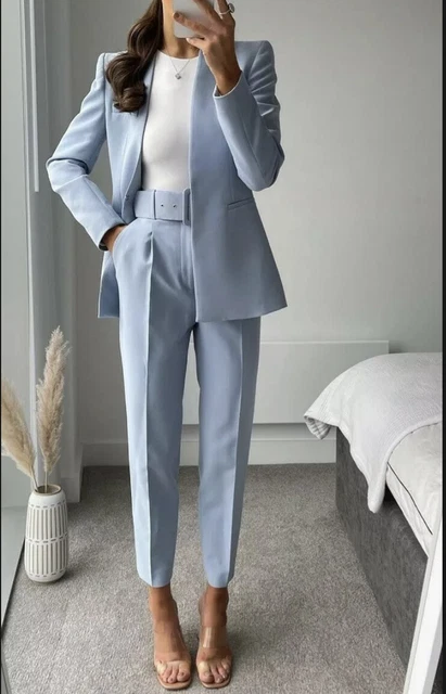 PANTALON TAILLE HAUTE avec ceinture bébé bleu poussiéreux Zara