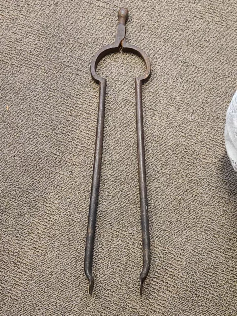 Antique handmade 18th century wrought iron fireplace tongs 16"