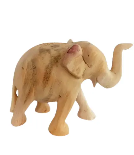 Wood Elephant Lucky Statue Hand Carved Wooden Figurine Trunk Up Sculpture 6"