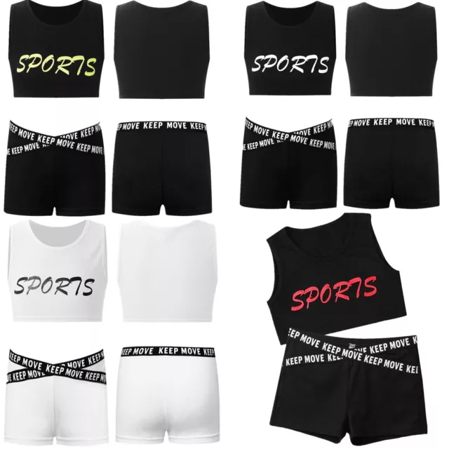 Kids Girl's Sports Suits Gymnastic Crop Top And Shorts Round Neck Workout