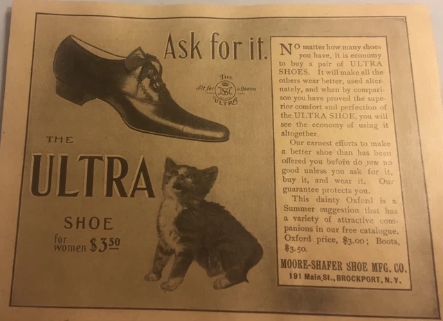 1900 Moore-Shafer Shoe Co. Ultra Shoe Cat Brockport NY Print Ad 6 “ X 4 3/4” M2