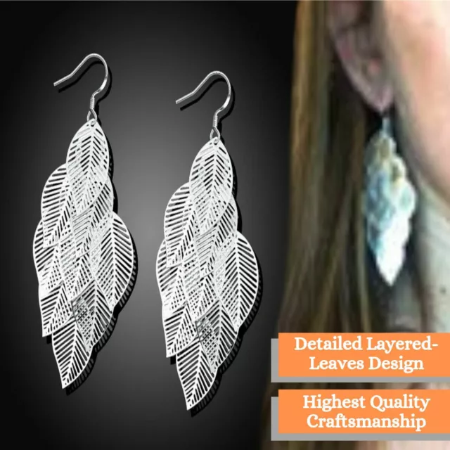 Detailed Hollow Multiple Layered Leaf Dangle 925 Sterling Silver Drop Earrings