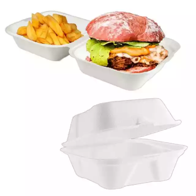 N3 Large Bagasse Compostable Biodegradable Disposable Burger Boxes 60oz x 50