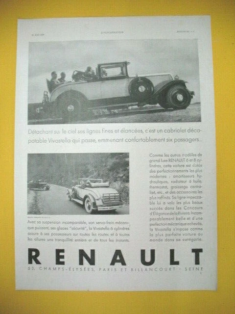 Publicite De Presse Renault Automobile Vivastella Cabriolet 6 Et 8 Cyl. 1930