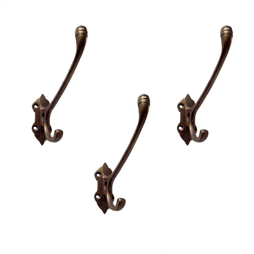 3.5in 3pc Vintage Cozy Victorian Hook Antique Solid Brass Coat Hanger Wall Mount