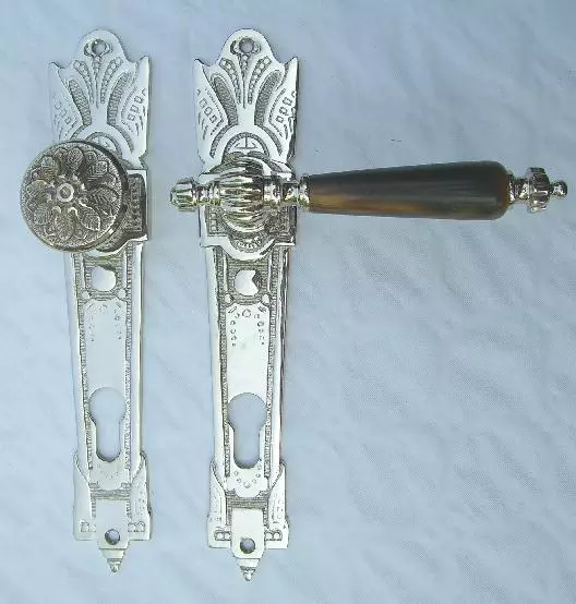 Jugendstil Haustür Klinke Nickel glänzend und Horn #30-2-NHN