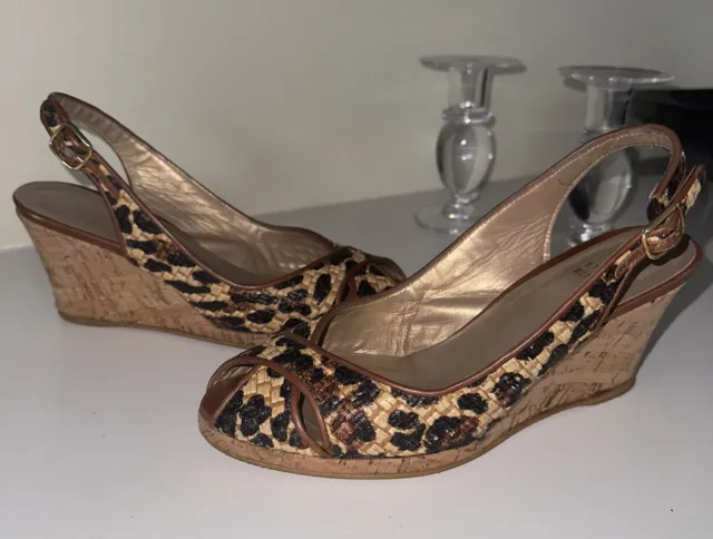 Stuart Weitzman size 8 M Leopard Print Raffia Peep Toe Cork Wedge Sandals