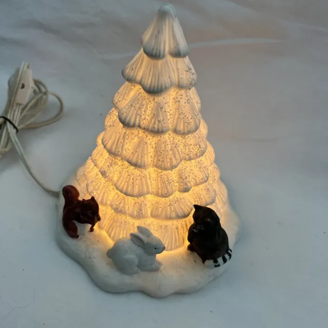 Vintage White Textured Lighted Ceramic Christmas Tree Lamp Woodland Animals 2
