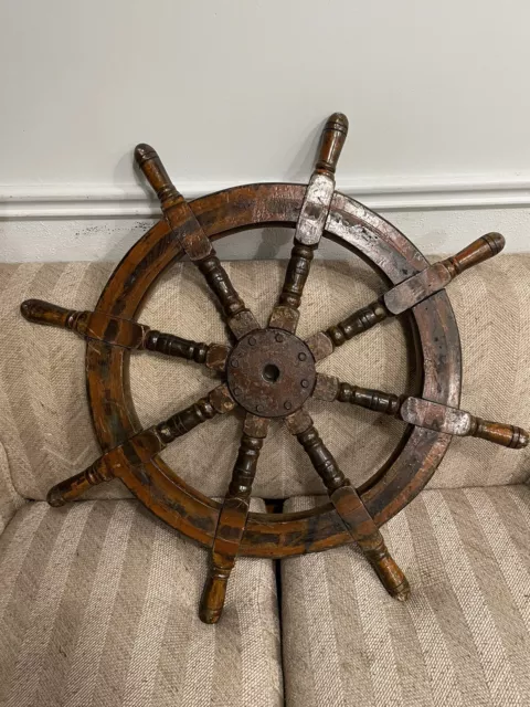 Large Antique Wood & Iron 8 Handle Ships Wheel Helm Boat Nautical Decor