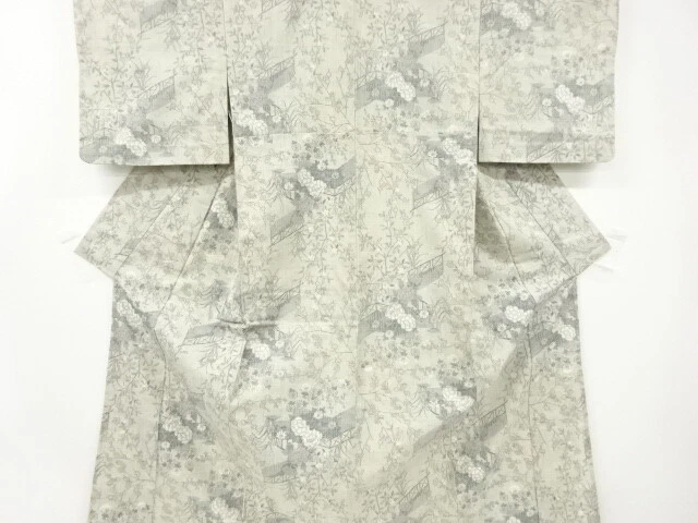 6569780: Japanese Kimono / Antique Hitoe Kimono / Tsumugi / Woven Peony & Flower