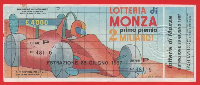 Biglietto Lotteria Di Monza Anno 1987 Con Tagliando Serie P 48116 Corse Auto