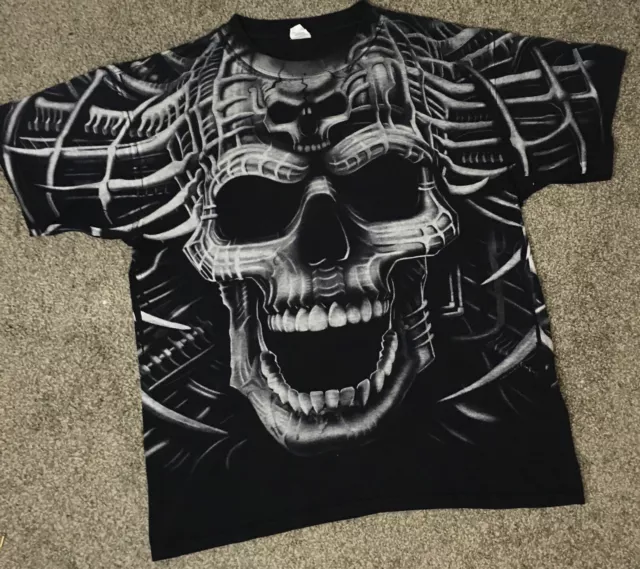 Vintage 2000 Liquid Blue Skull Skeleton All Over Print T-Shirt L Double Sided