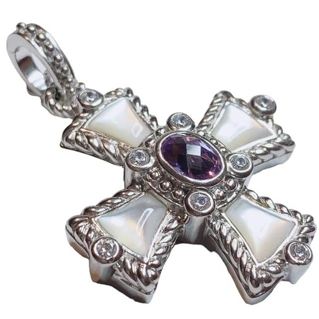 Judith Ripka LARGE Sterling Silver Amethyst MOP Maltese Cross Pendant Enhancer