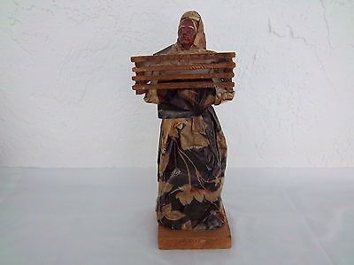 Paper Mache Lady Statue Handcrafted Fruit Crate Baby Crib Wood Base News Print