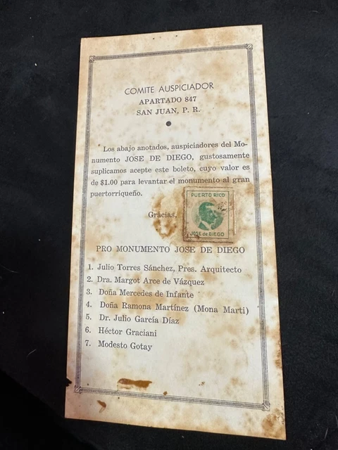 monument ticket for trying to make funds for a statue of Jose de Diego