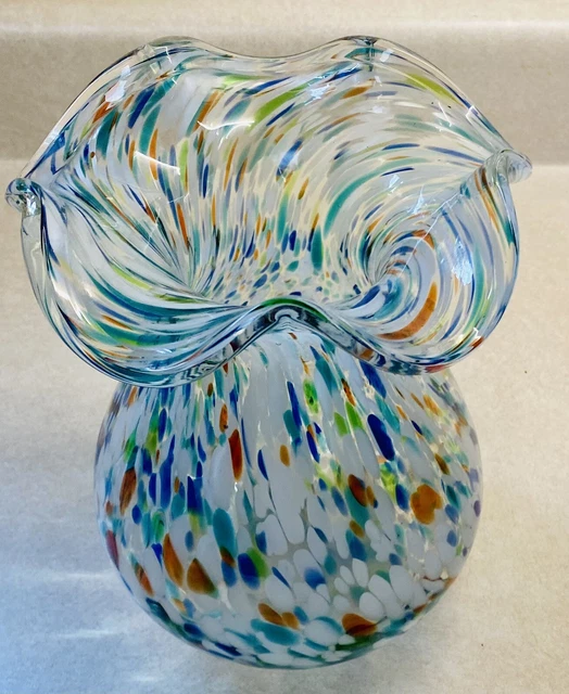VINTAGE MURANO STYLE Vase hand Blown Confetti art Glass Ruffled Rim 27