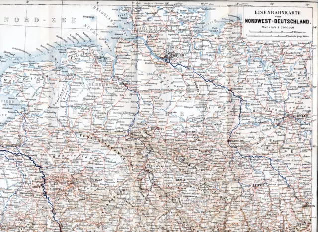 NW-Deutschland 1896 orig. Eisenbahn-Karte Münster Bremen Leer Lübeck Köln Mosel