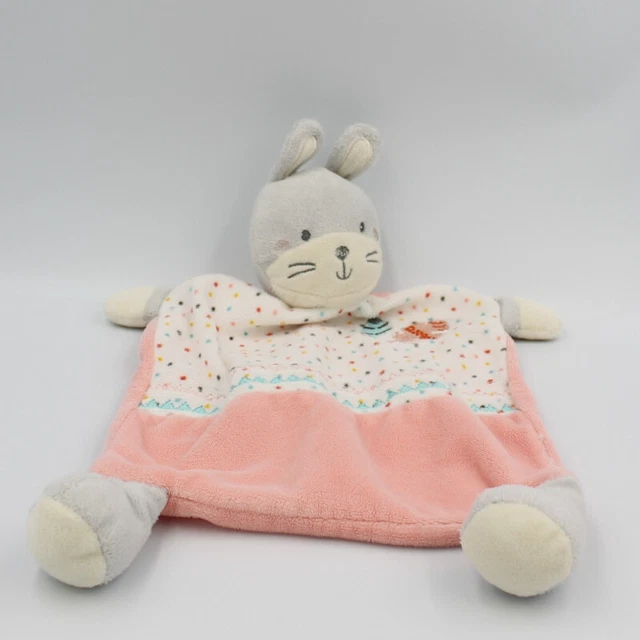 Doudou plat lapin rose blanc gris plume indien MOTS D'ENFANTS - 26965