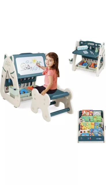 Glacer 3 in 1 Kids Desk Art Easel +double sided dry erase board, book rack.