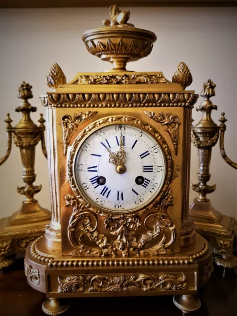 19Th Century French Ormolu Bronze Mantel Clock Garniture.