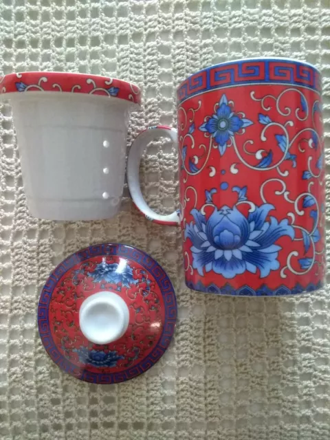 Chinese Porcelain Tea Cup Handled Infuser Strainer w Lid 10 oz  Red Blue Gift