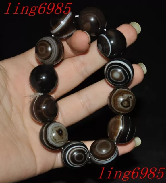 4.2" Chinese Natural Agate Onyx carved Prayer beads amulet Bracelet Hand chain