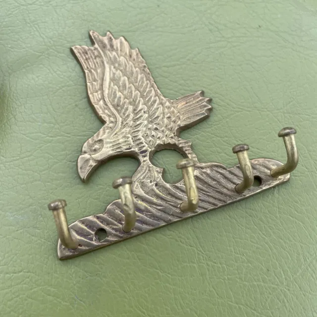Vintage Small Brass Eagle Bird Key Hook Wall Hanging Home Decor 5 Hooks - HN