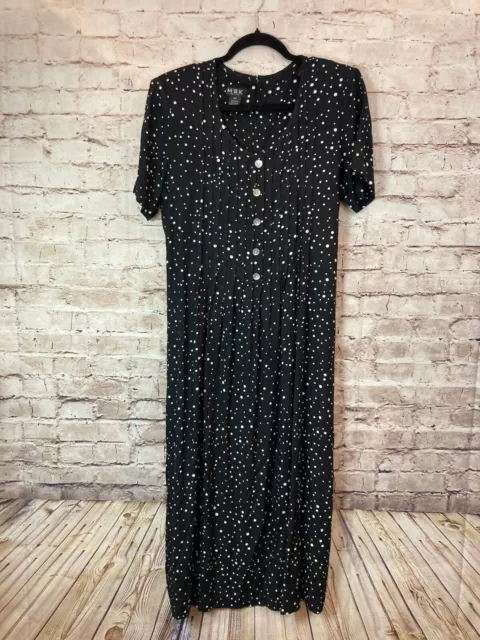 Vintage MSK Dress Women's 12 Petite Black Babydoll Polka Dot Midi Short Sleeve