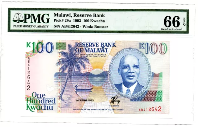 Malawi: Reserve Bank 1993 100 Kwacha Pick#29a , PMG Edelstein Handgehoben 66 EPQ