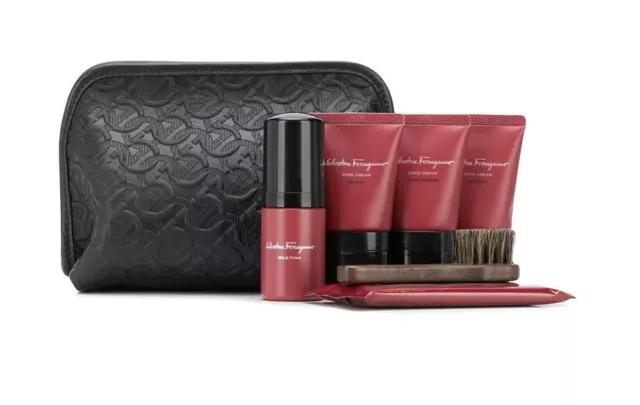 Salvatore Ferragamo Gancini Embossed Leather Shoe Care Kit Black NEW