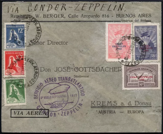 Zeppelin 1932 Argentinien 7. SAF Brief Buenos Aires Österreich Si 185 / 2042