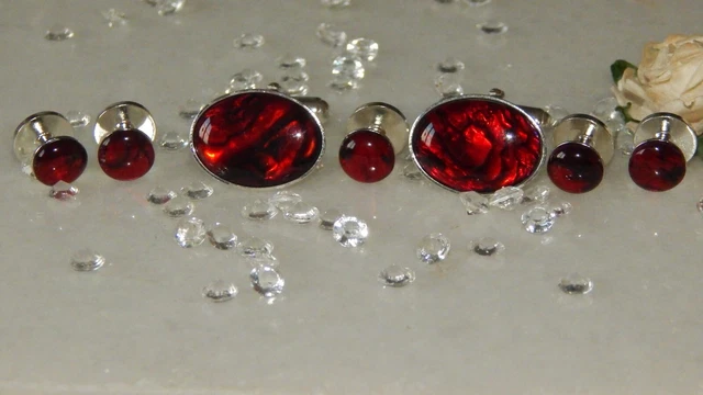 18x13mm S/P Cufflinks & 8mm S/P Shirt Studs & Red Paua/Abalone Shell-Tuxedo