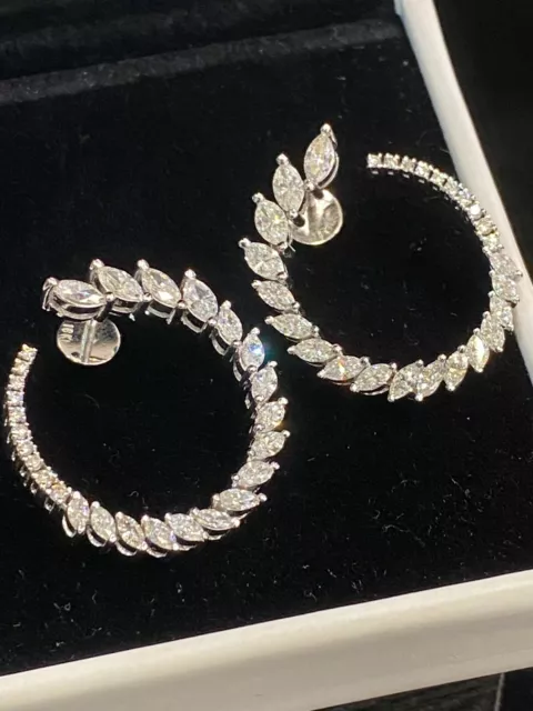 Stunning 4 Cts Marquise Round Cut Diamonds Hoop Earrings In 750 Stamped 18K Gold