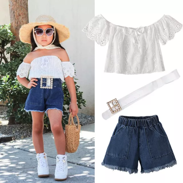 Toddler Baby Girls Lace Clothes Ruffle Tops Romper Denim Shorts Belts Outfits