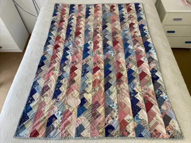 Vintage Handmade Patchwork Cotton Quilt Pink / Blue Geometric 160 cm x 110 cm