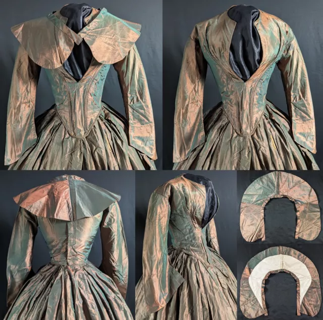 Lustrous Victorian Antique Fashion 1840s Two Tone Silk Dress With Pelerine 2