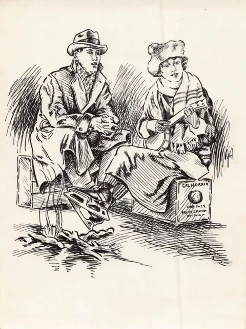 Ice Skaters Sitting On Orange Crates In Front Of Fire-Artist Sketch
