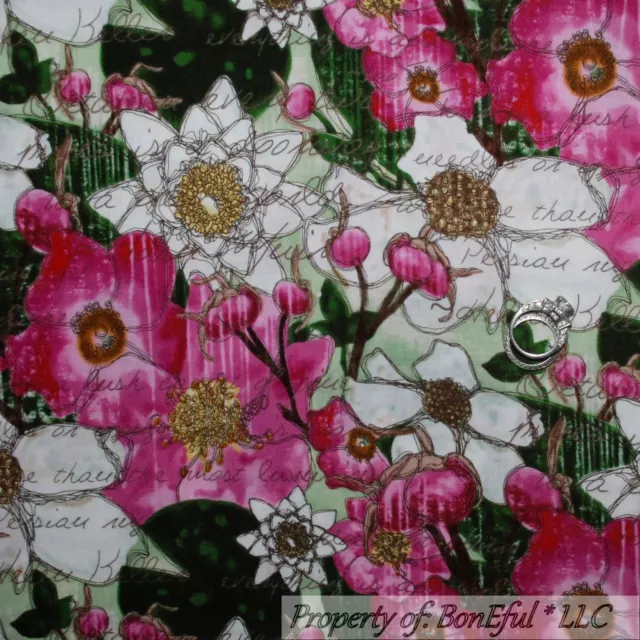 BonEful Fabric FQ Cotton Quilt Green White Pink Flower Magnolia Tree Leaf Spring